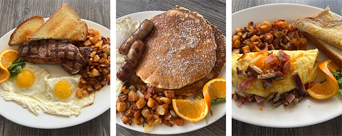 collage of breakfast photos with eggs, bacon, sausage, omelets, and more.